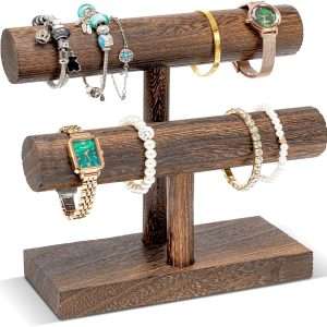 ProCase Bracelet Holder Display Bracelet Organizer, Wooden Bracelet Stand for Selling, T-bar Bangle Storage Rack Wood Watch Display Tower for Business - 2 Tier, Brown - 1