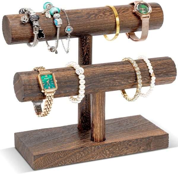 ProCase Bracelet Holder Display Bracelet Organizer, Wooden Bracelet Stand for Selling, T-bar Bangle Storage Rack Wood Watch Display Tower for Business - 2 Tier, Brown - 1