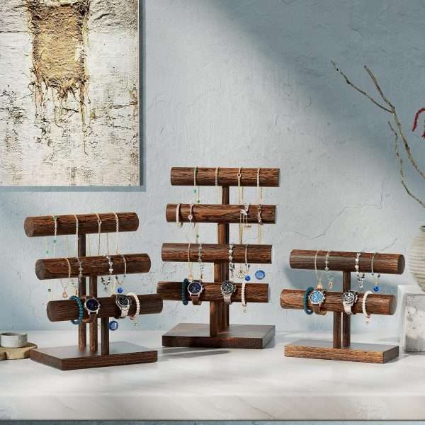 ProCase Bracelet Holder Display Bracelet Organizer, Wooden Bracelet Stand for Selling, T-bar Bangle Storage Rack Wood Watch Display Tower for Business - 2 Tier, Brown - 2