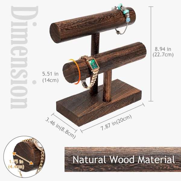 ProCase Bracelet Holder Display Bracelet Organizer, Wooden Bracelet Stand for Selling, T-bar Bangle Storage Rack Wood Watch Display Tower for Business - 2 Tier, Brown - 3