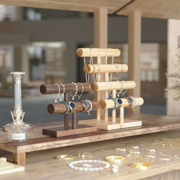 ProCase Bracelet Holder Display Bracelet Organizer, Wooden Bracelet Stand for Selling, T-bar Bangle Storage Rack Wood Watch Display Tower for Business - 2 Tier, Brown - 7