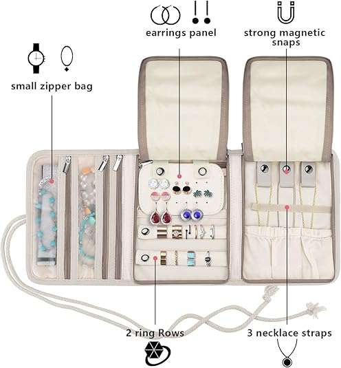 Teamoy Travel Jewelry Roll, Jewelry Storage Bag Organizer for Necklaces, Earrings, Bracelets, Rings, Brooches and More, Compact and Easy to Carry - 4
