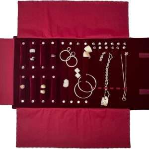 Velvet Jewelry Case Roll Bag for Necklace Bracelet Earrings Rings Multi-compartments, Great Jewelry Organizer for Travel, Burgundy - 1