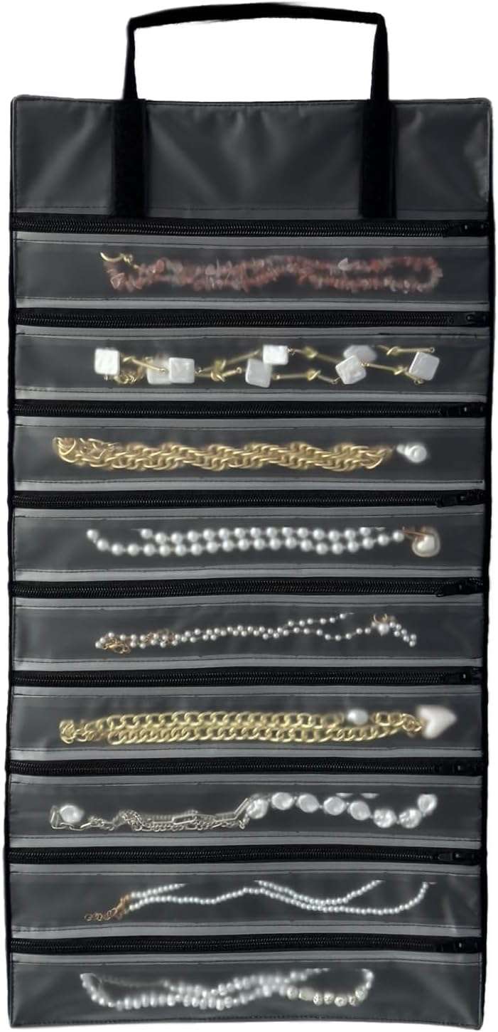 Velvet Travel Jewelry Case Roll Bag Organizer for Necklace, 9 Zipped Grids, Black - 1