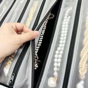 Velvet Travel Jewelry Case Roll Bag Organizer for Necklace, 9 Zipped Grids, Black - 2
