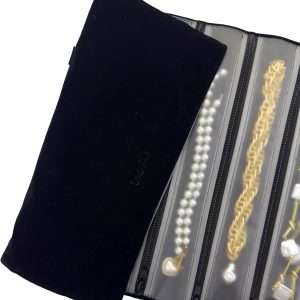 Velvet Travel Jewelry Case Roll Bag Organizer for Necklace, 9 Zipped Grids, Black - 3