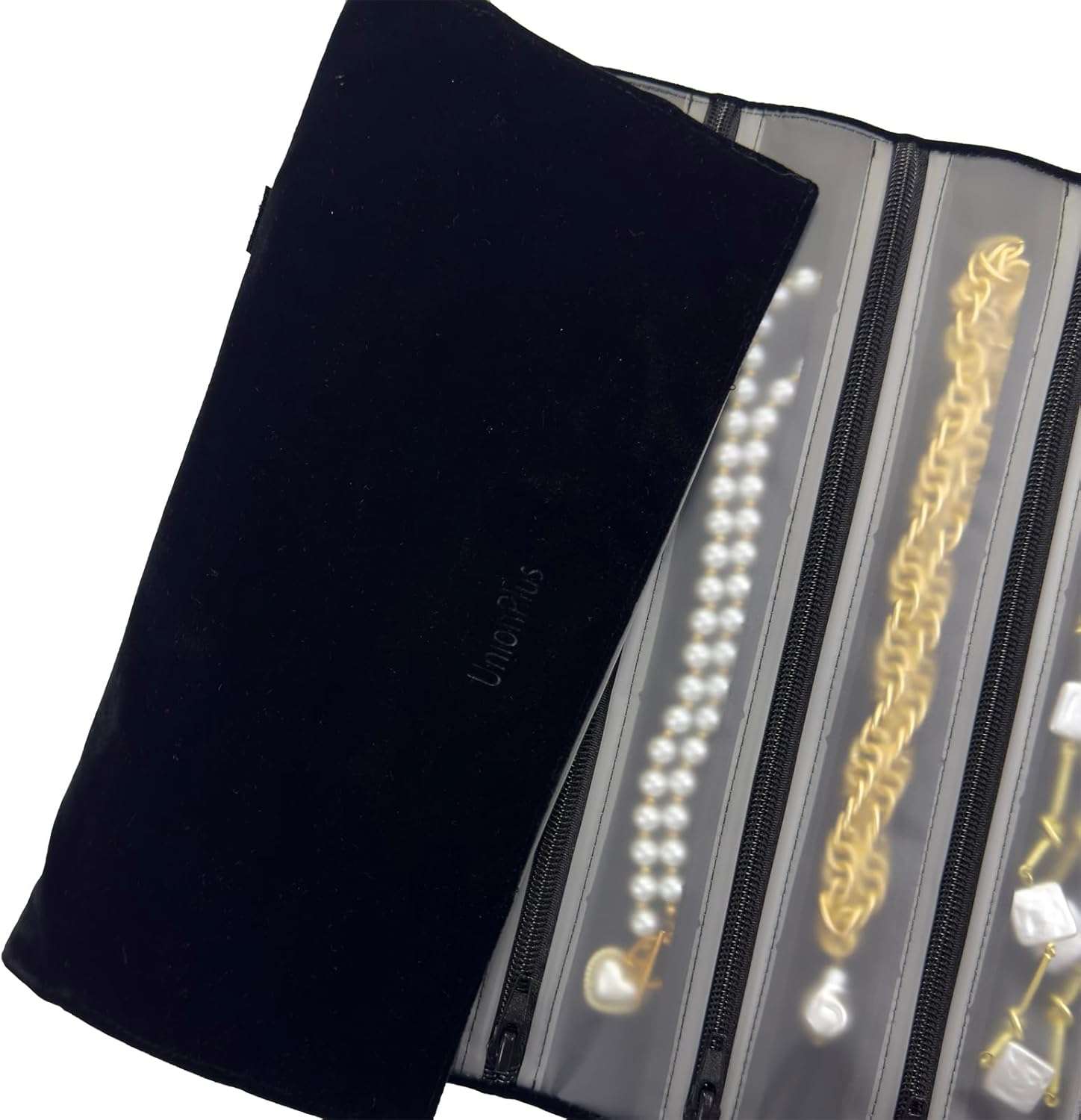 Velvet Travel Jewelry Case Roll Bag Organizer for Necklace, 9 Zipped Grids, Black - 3