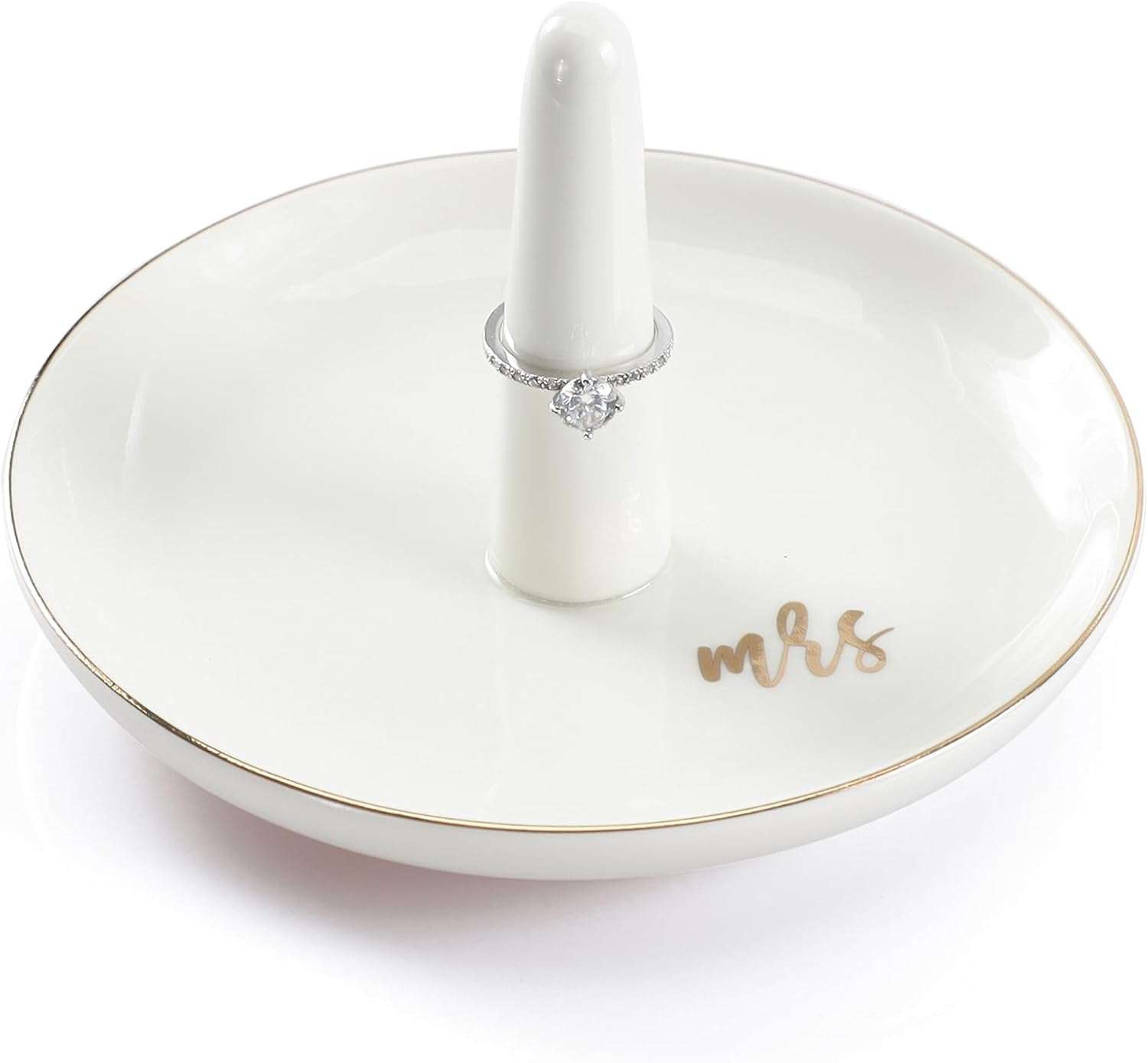 HOME SMILE Mrs Ring Holder Jewery Tray-Monogrammed Engagement Gifts for Friends,Birthday Mother's Day Christmas Gifts for Women,Ceramic White - 1