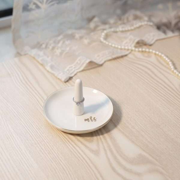 HOME SMILE Mrs Ring Holder Jewery Tray-Monogrammed Engagement Gifts for Friends,Birthday Mother's Day Christmas Gifts for Women,Ceramic White - 2