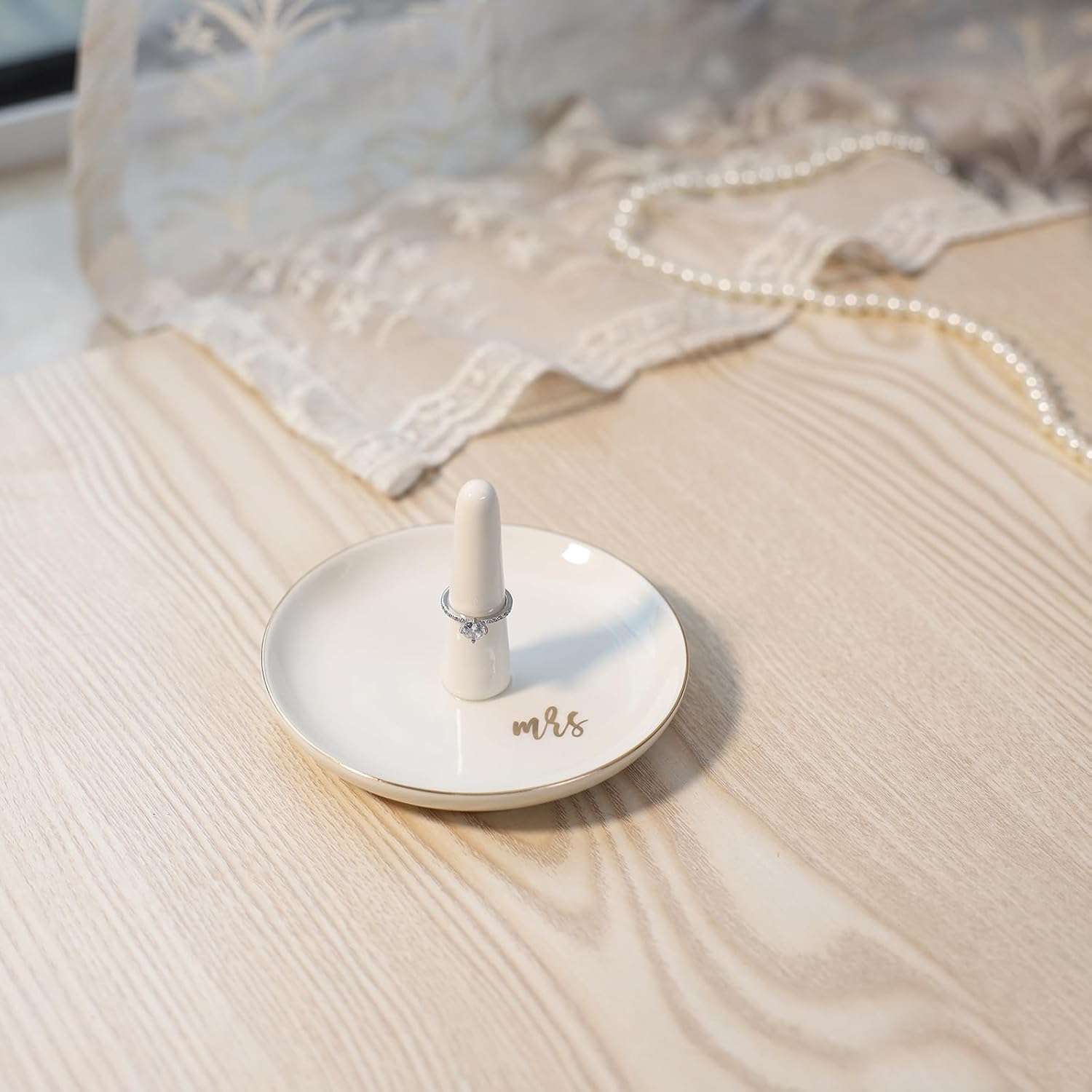 HOME SMILE Mrs Ring Holder Jewery Tray-Monogrammed Engagement Gifts for Friends,Birthday Mother's Day Christmas Gifts for Women,Ceramic White - 2