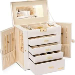 Homde Synthetic Leather Huge Jewelry Box Mirrored Watch Organizer Necklace Ring Earring Storage Lockable Gift Case - 1
