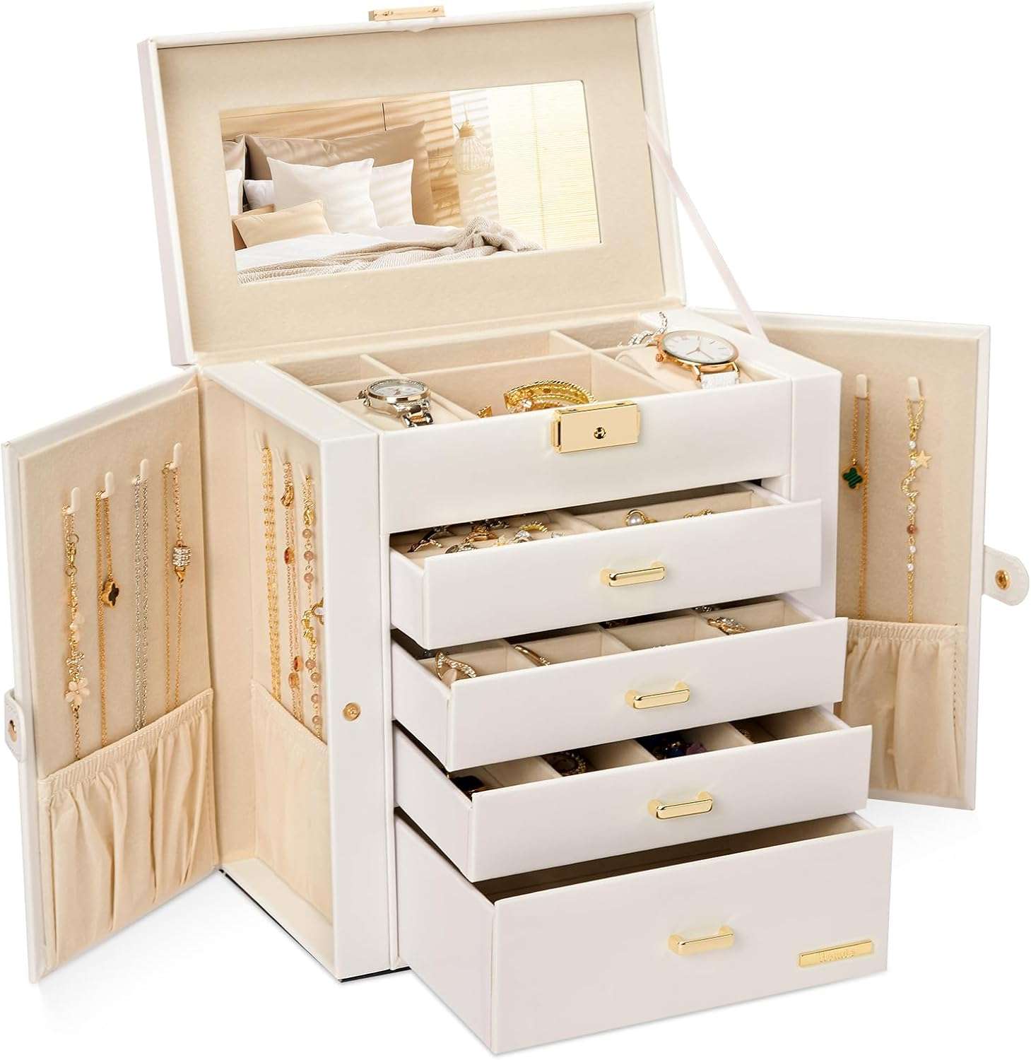 Homde Synthetic Leather Huge Jewelry Box Mirrored Watch Organizer Necklace Ring Earring Storage Lockable Gift Case - 1