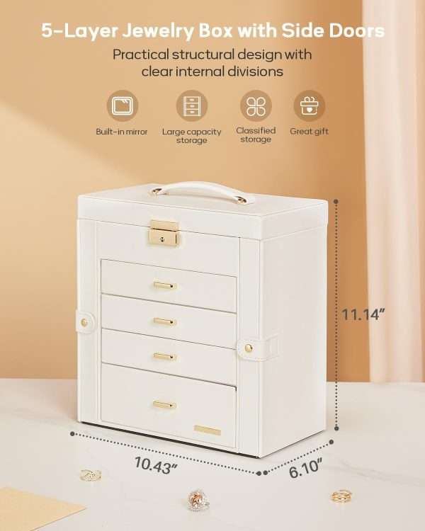 Homde Synthetic Leather Huge Jewelry Box Mirrored Watch Organizer Necklace Ring Earring Storage Lockable Gift Case - 2