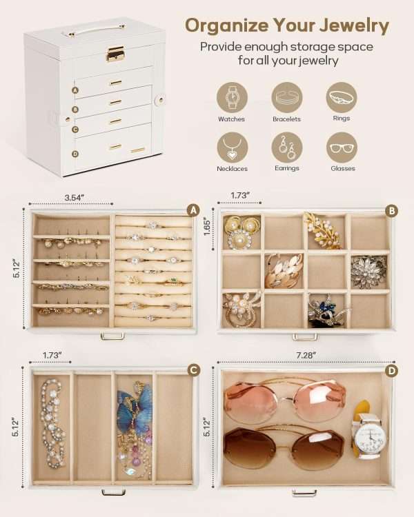 Homde Synthetic Leather Huge Jewelry Box Mirrored Watch Organizer Necklace Ring Earring Storage Lockable Gift Case - 3