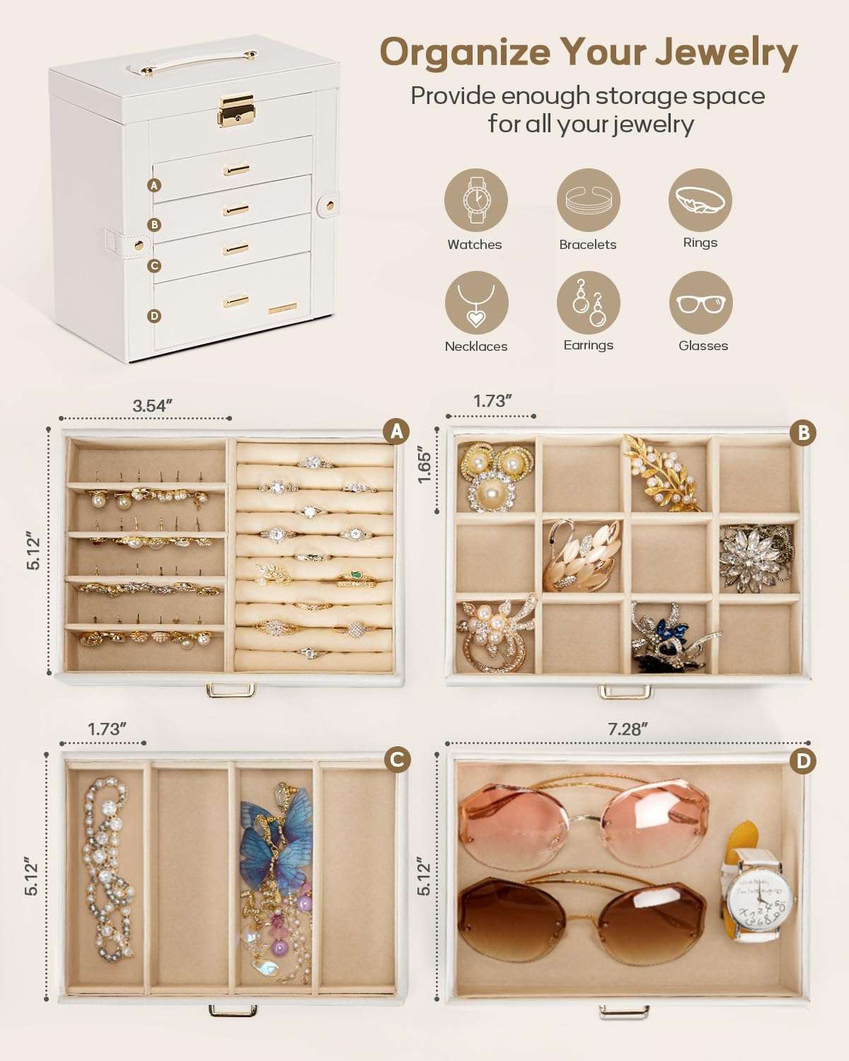 Homde Synthetic Leather Huge Jewelry Box Mirrored Watch Organizer Necklace Ring Earring Storage Lockable Gift Case - 3