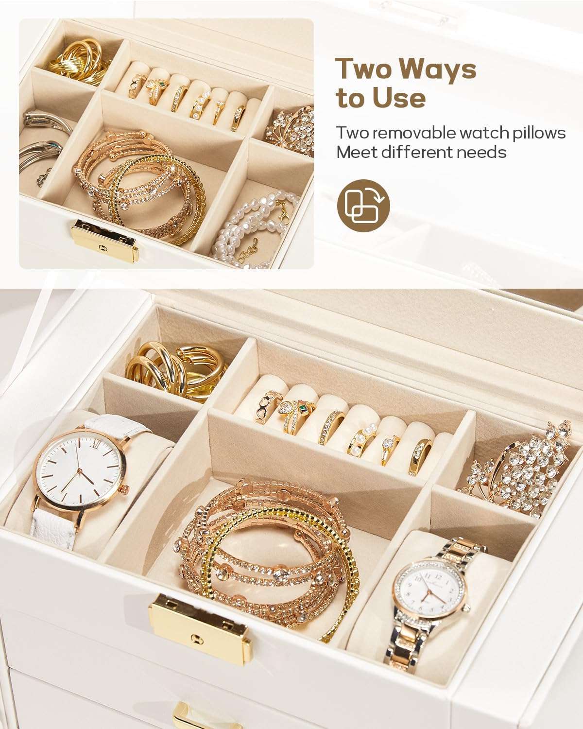 Homde Synthetic Leather Huge Jewelry Box Mirrored Watch Organizer Necklace Ring Earring Storage Lockable Gift Case - 4