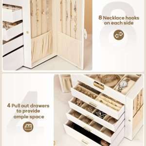 Homde Synthetic Leather Huge Jewelry Box Mirrored Watch Organizer Necklace Ring Earring Storage Lockable Gift Case - 5