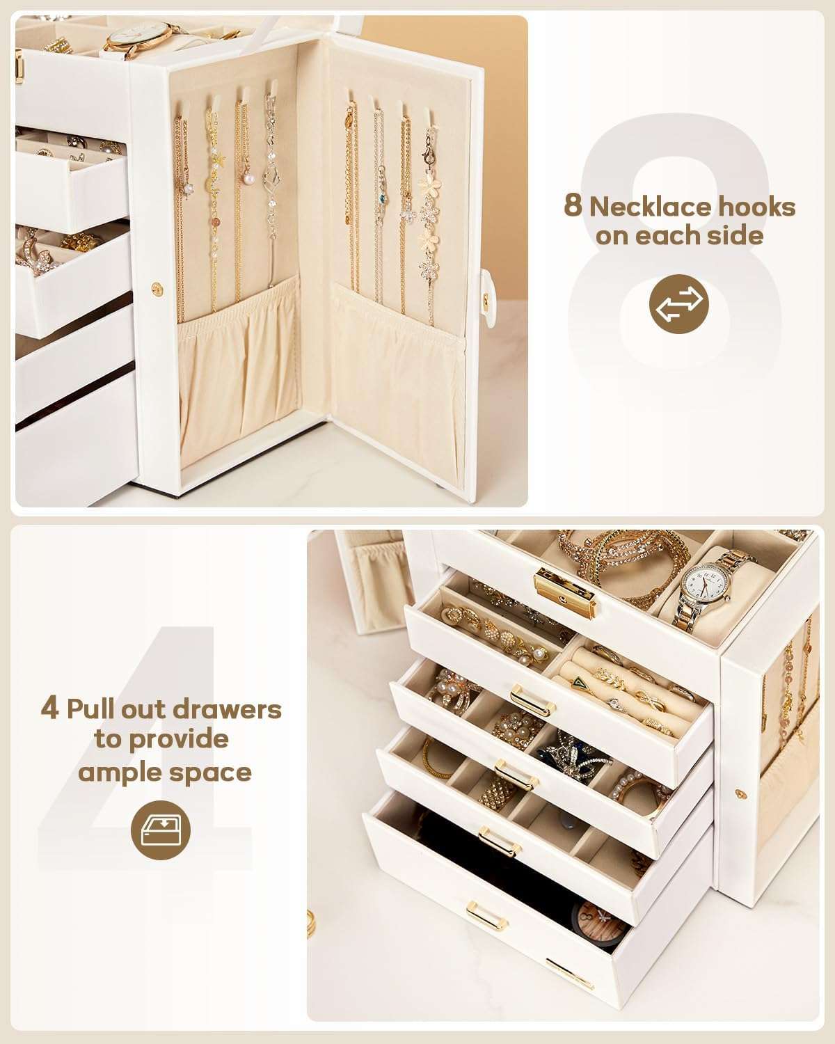 Homde Synthetic Leather Huge Jewelry Box Mirrored Watch Organizer Necklace Ring Earring Storage Lockable Gift Case - 5