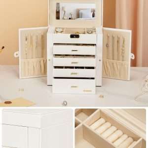 Homde Synthetic Leather Huge Jewelry Box Mirrored Watch Organizer Necklace Ring Earring Storage Lockable Gift Case - 6