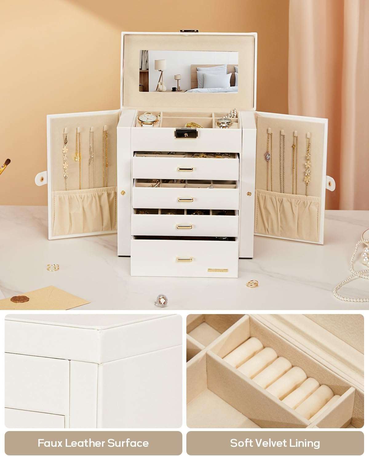 Homde Synthetic Leather Huge Jewelry Box Mirrored Watch Organizer Necklace Ring Earring Storage Lockable Gift Case - 6