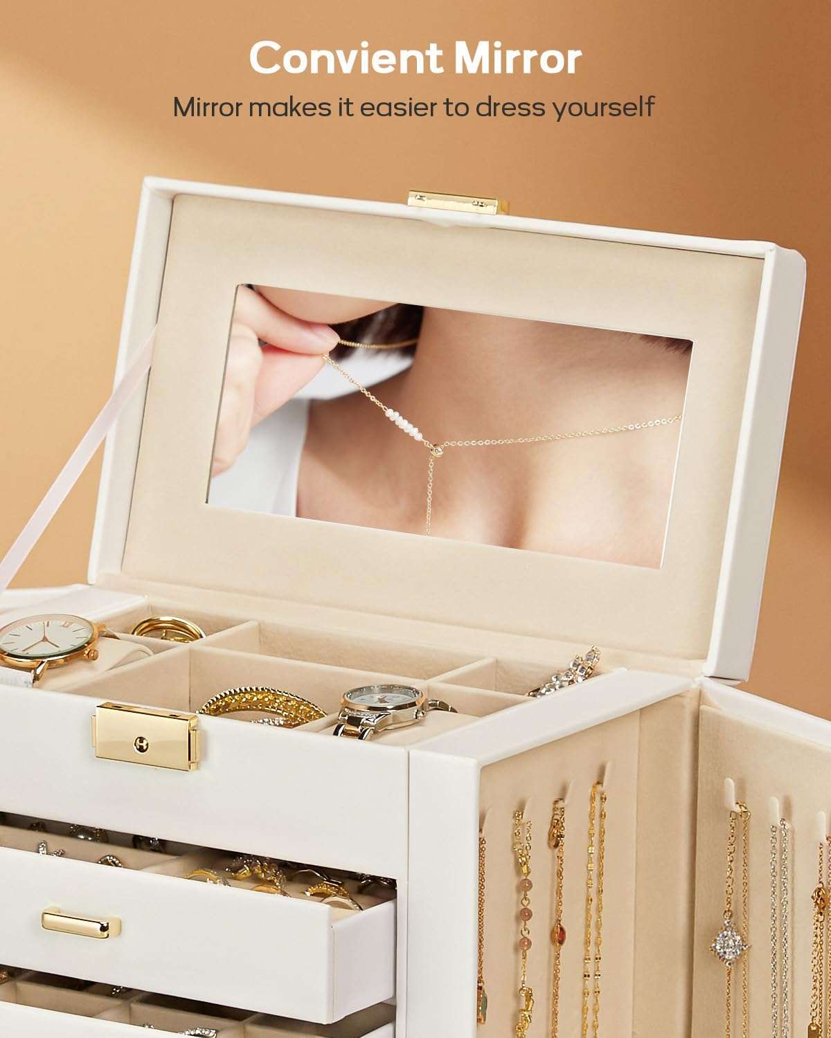 Homde Synthetic Leather Huge Jewelry Box Mirrored Watch Organizer Necklace Ring Earring Storage Lockable Gift Case - 7