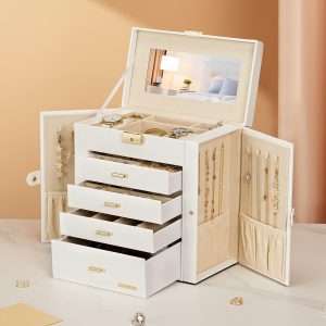 Homde Synthetic Leather Huge Jewelry Box Mirrored Watch Organizer Necklace Ring Earring Storage Lockable Gift Case - 8