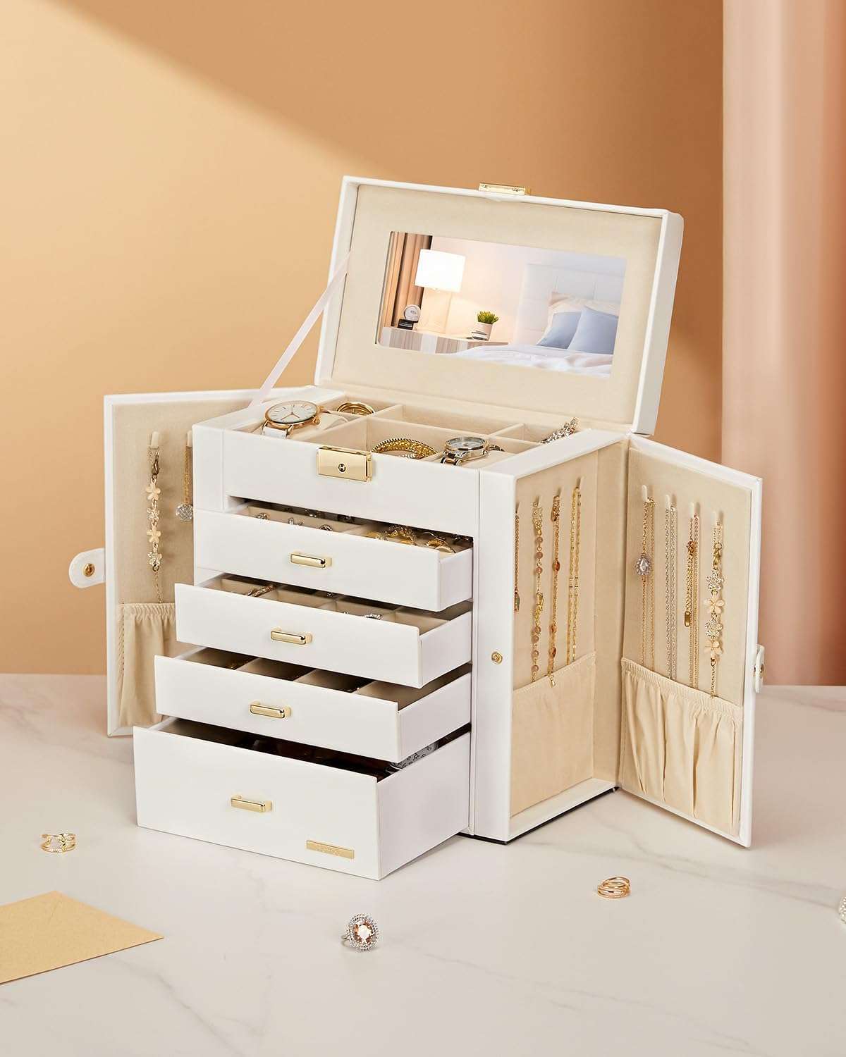 Homde Synthetic Leather Huge Jewelry Box Mirrored Watch Organizer Necklace Ring Earring Storage Lockable Gift Case - 8