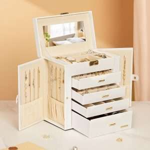 Homde Synthetic Leather Huge Jewelry Box Mirrored Watch Organizer Necklace Ring Earring Storage Lockable Gift Case - 9