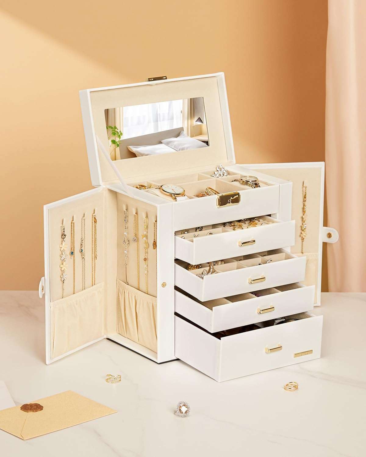 Homde Synthetic Leather Huge Jewelry Box Mirrored Watch Organizer Necklace Ring Earring Storage Lockable Gift Case - 9