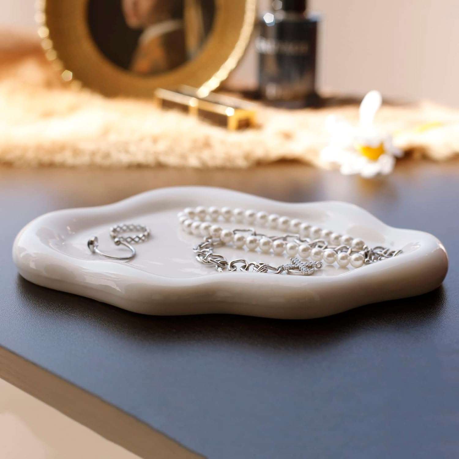 Jewelry Dish Trinket Tray for Women, Ring Dish Holder, Unique Cloud Shape Ceramic Plate Cute Things Vanity Aesthetic Room Decor Mother's Day Birthday Christmas Warm House Gifts - 4