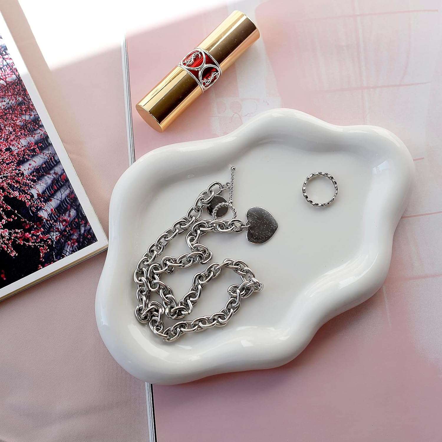 Jewelry Dish Trinket Tray for Women, Ring Dish Holder, Unique Cloud Shape Ceramic Plate Cute Things Vanity Aesthetic Room Decor Mother's Day Birthday Christmas Warm House Gifts - 5