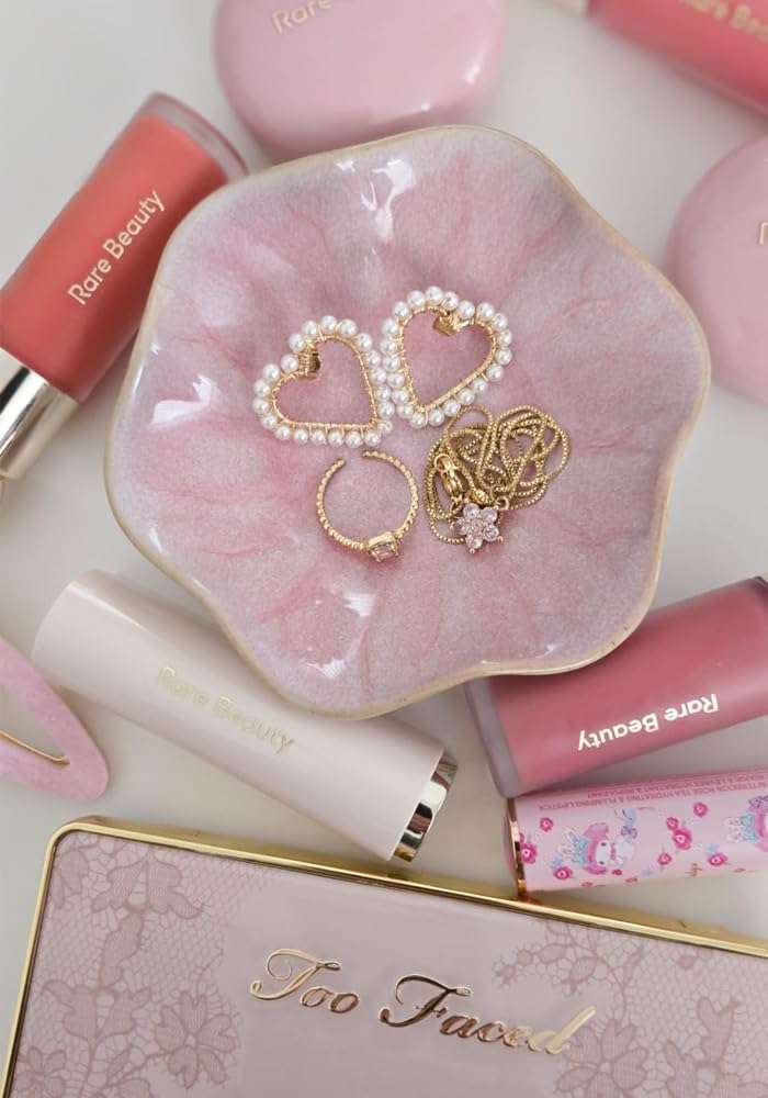 Lotus Leaf Shape Decorative Ring Tray, Small Key Bowl, Ceramic Trinket Tray Jewelry Dish Organizing Necklace Earrings, Home Decoration for Mom Best Friend Sister, Pink. - 2