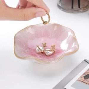 Lotus Leaf Shape Decorative Ring Tray, Small Key Bowl, Ceramic Trinket Tray Jewelry Dish Organizing Necklace Earrings, Home Decoration for Mom Best Friend Sister, Pink. - 3