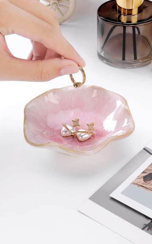 Lotus Leaf Shape Decorative Ring Tray, Small Key Bowl, Ceramic Trinket Tray Jewelry Dish Organizing Necklace Earrings, Home Decoration for Mom Best Friend Sister, Pink. - 3