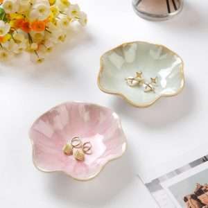 Lotus Leaf Shape Decorative Ring Tray, Small Key Bowl, Ceramic Trinket Tray Jewelry Dish Organizing Necklace Earrings, Home Decoration for Mom Best Friend Sister, Pink. - 4