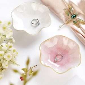 Lotus Leaf Shape Decorative Ring Tray, Small Key Bowl, Ceramic Trinket Tray Jewelry Dish Organizing Necklace Earrings, Home Decoration for Mom Best Friend Sister, Pink. - 6
