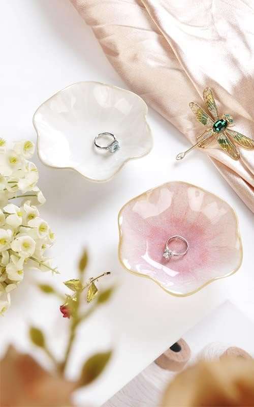 Lotus Leaf Shape Decorative Ring Tray, Small Key Bowl, Ceramic Trinket Tray Jewelry Dish Organizing Necklace Earrings, Home Decoration for Mom Best Friend Sister, Pink. - 6