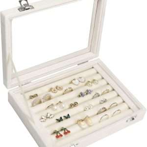 Rings Organizer Tray 7 Slots Velvet Jewelry Earring Storage Box with Transparent lid Jewelry Display Case for Girls Wife Mom Women - 1