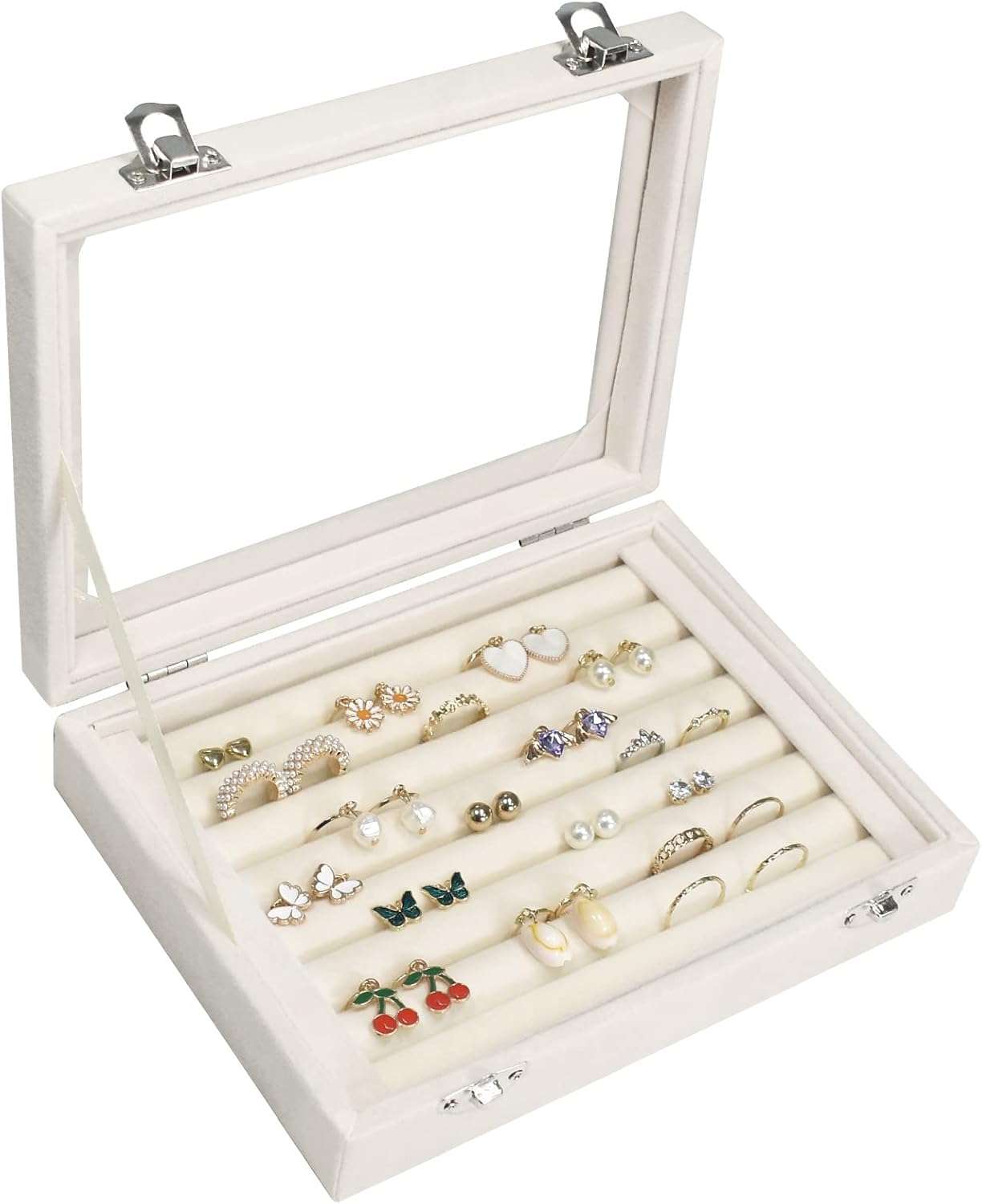 Rings Organizer Tray 7 Slots Velvet Jewelry Earring Storage Box with Transparent lid Jewelry Display Case for Girls Wife Mom Women - 1