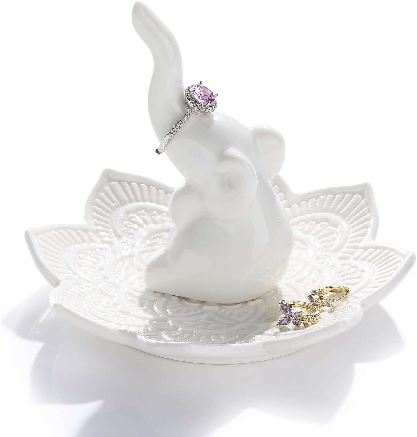 White Elephant Ring Holder With Mandala Jewelry Dish, Boho Decor, Holder for Rings Earrings Bracelets, Gifts for Adults, Birthday Mothers Day Christmas Gifts for Women - 1