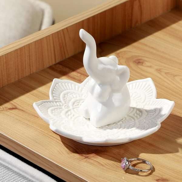 White Elephant Ring Holder With Mandala Jewelry Dish, Boho Decor, Holder for Rings Earrings Bracelets, Gifts for Adults, Birthday Mothers Day Christmas Gifts for Women - 4