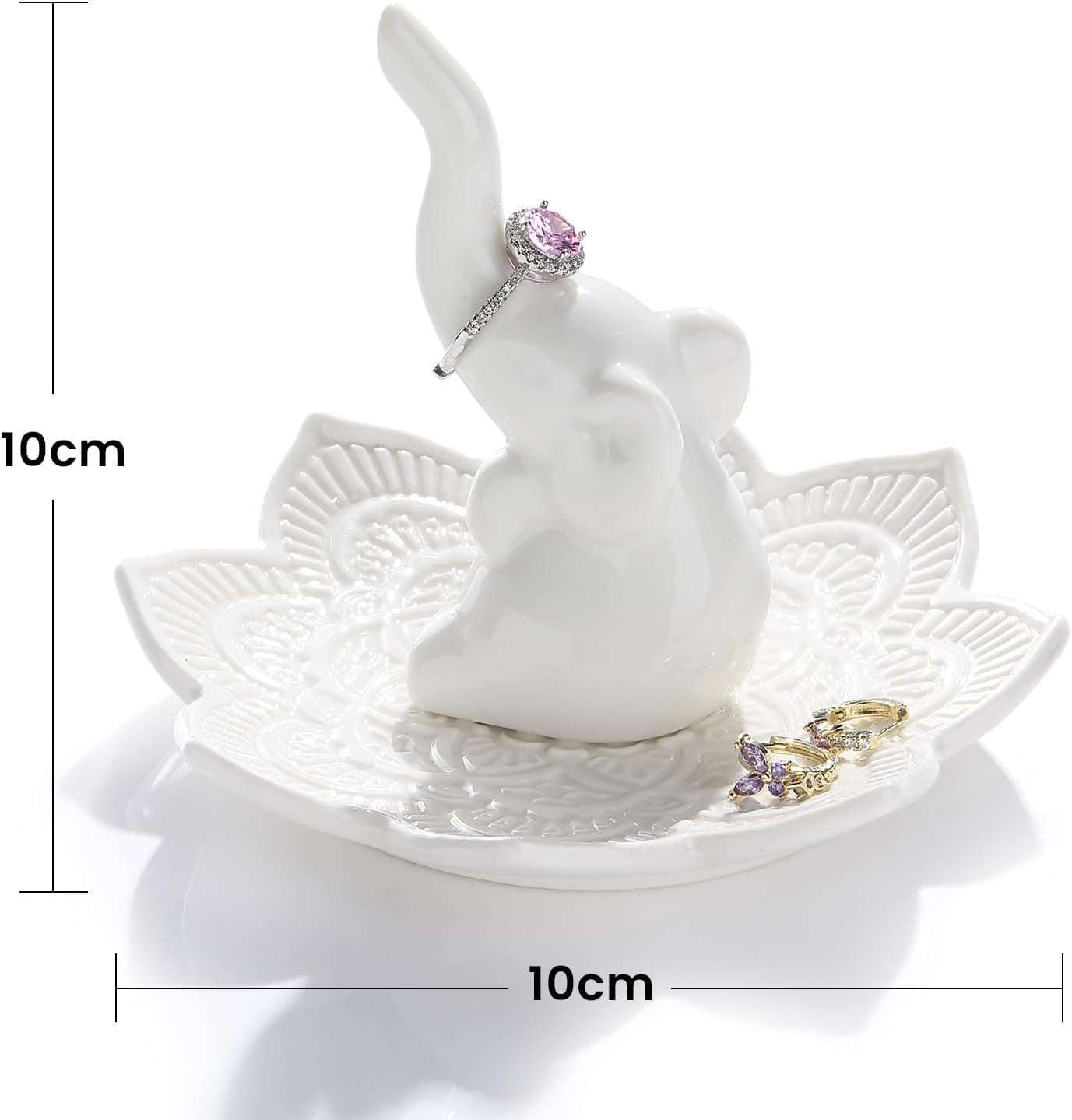 White Elephant Ring Holder With Mandala Jewelry Dish, Boho Decor, Holder for Rings Earrings Bracelets, Gifts for Adults, Birthday Mothers Day Christmas Gifts for Women - 5