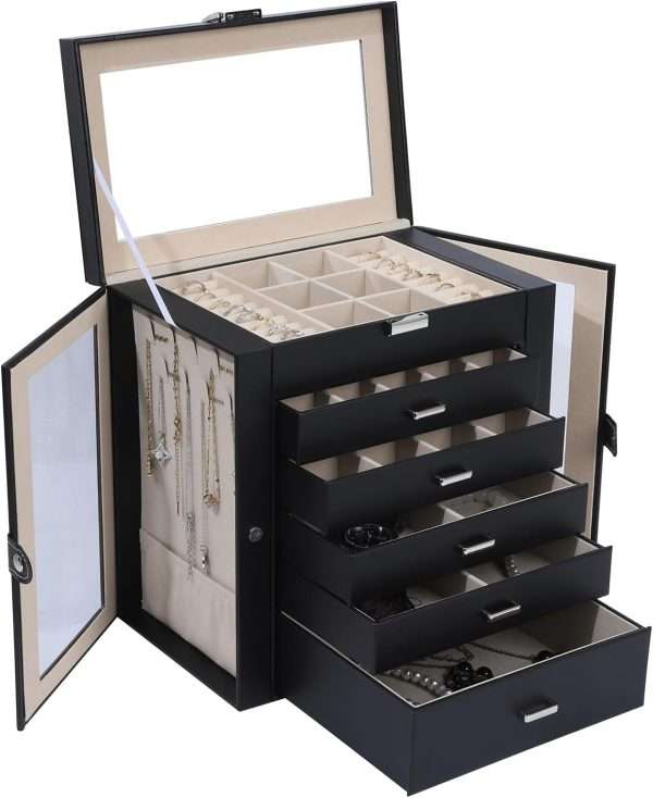 6 Layer Large Jewelry Boxes With Mirror，Multifunctional 5 Drawers Jewelry Box Organizer with 2 Glass Door for Necklace Organizing (Black) - 1