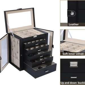 6 Layer Large Jewelry Boxes With Mirror，Multifunctional 5 Drawers Jewelry Box Organizer with 2 Glass Door for Necklace Organizing (Black) - 2