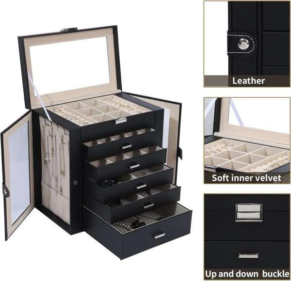 6 Layer Large Jewelry Boxes With Mirror，Multifunctional 5 Drawers Jewelry Box Organizer with 2 Glass Door for Necklace Organizing (Black) - 2
