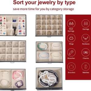 6 Layer Large Jewelry Boxes With Mirror，Multifunctional 5 Drawers Jewelry Box Organizer with 2 Glass Door for Necklace Organizing (Black) - 3