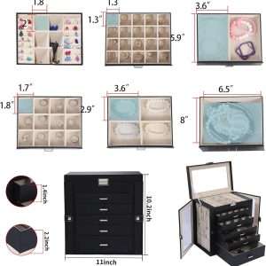 6 Layer Large Jewelry Boxes With Mirror，Multifunctional 5 Drawers Jewelry Box Organizer with 2 Glass Door for Necklace Organizing (Black) - 4
