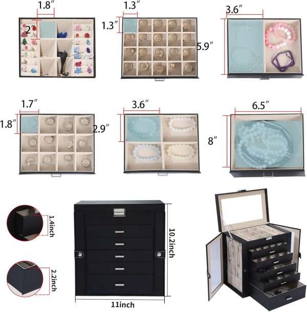 6 Layer Large Jewelry Boxes With Mirror，Multifunctional 5 Drawers Jewelry Box Organizer with 2 Glass Door for Necklace Organizing (Black) - 4