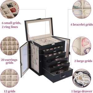 6 Layer Large Jewelry Boxes With Mirror，Multifunctional 5 Drawers Jewelry Box Organizer with 2 Glass Door for Necklace Organizing (Black) - 5