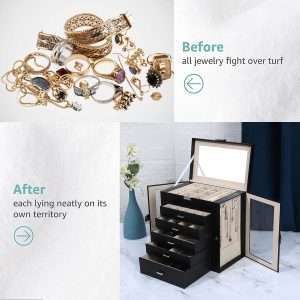 6 Layer Large Jewelry Boxes With Mirror，Multifunctional 5 Drawers Jewelry Box Organizer with 2 Glass Door for Necklace Organizing (Black) - 6
